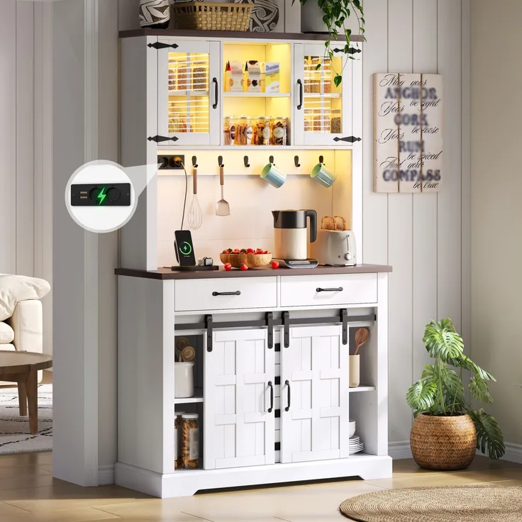 Küchenschrank, Buffetschrank, Sideboard mit Steckdose und LED-Beleuchtung, Küchenmöbel mit Arbeitsplatte, 6 Schubladen, verstellbare Einlegeböden, Haken, 180 × 108 × 40 cm, Weiß