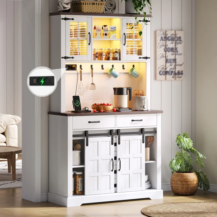 Küchenschrank, Buffetschrank, Sideboard mit Steckdose und LED-Beleuchtung, Küchenmöbel mit Arbeitsplatte, 6 Schubladen, verstellbare Einlegeböden, Haken, 180 × 108 × 40 cm, Weiß – Bild 1
