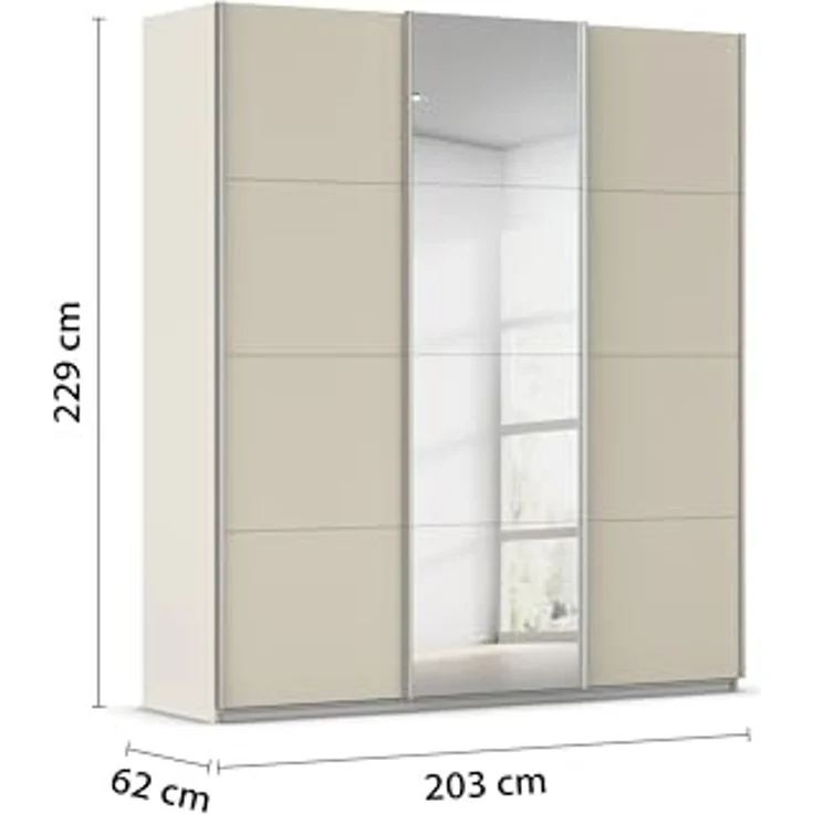 Rauch Möbel Kulmbach, Kleiderschrank mit Schwebetüren für Schlafzimmer, Kinderzimmer, Jugendzimmer, Garderobe, Flur, 3-türig, mit Spiegel, Zubehör Basic, Farbe Beige, Breite 203 cm – Bild 3
