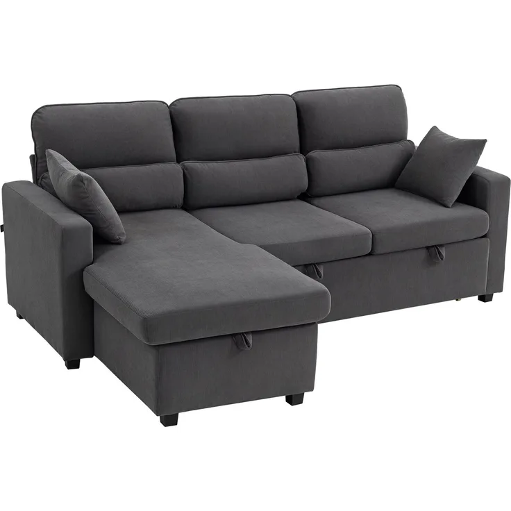 Verstellbares Bettsofa, L-förmiges Gästesofa mit Bettfunktion, Stauraum, Kissen, für Wohnzimmer, Gästezimmer, Dunkelgrau--Dunkelgrau--205x135x76cm--YOUDENOVA
