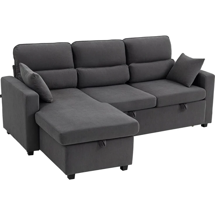 Verstellbares Bettsofa, L-förmiges Gästesofa mit Bettfunktion, Stauraum, Kissen, für Wohnzimmer, Gästezimmer, Dunkelgrau--Dunkelgrau--205x135x76cm--YOUDENOVA – Bild 1