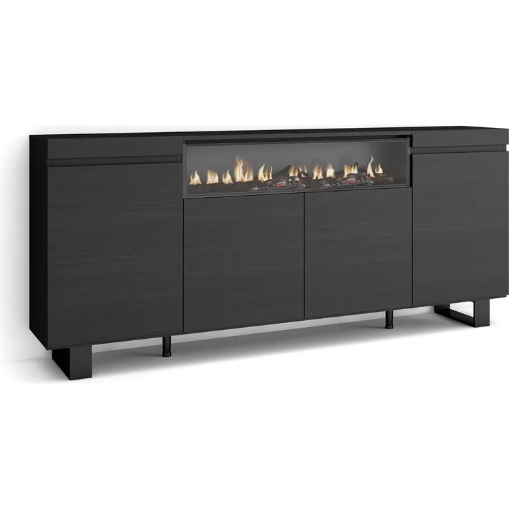 Skraut Home | Sideboard, Highboard | Kommode, Komodenschrank | 200 x 87 x 35 cm | 4 Türen | Elektrokamin. Maße | Industriedesign | Moderner Stil | Schwarz