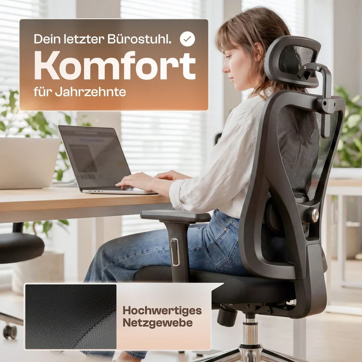 LUTIVO Alpha, ergonomischer Bürostuhl, Rückenlehne mit Mesh Bezug, 3D-Armlehnen, 3D-Kopfstütze, FluxWheels, Schwarz – Bild 5