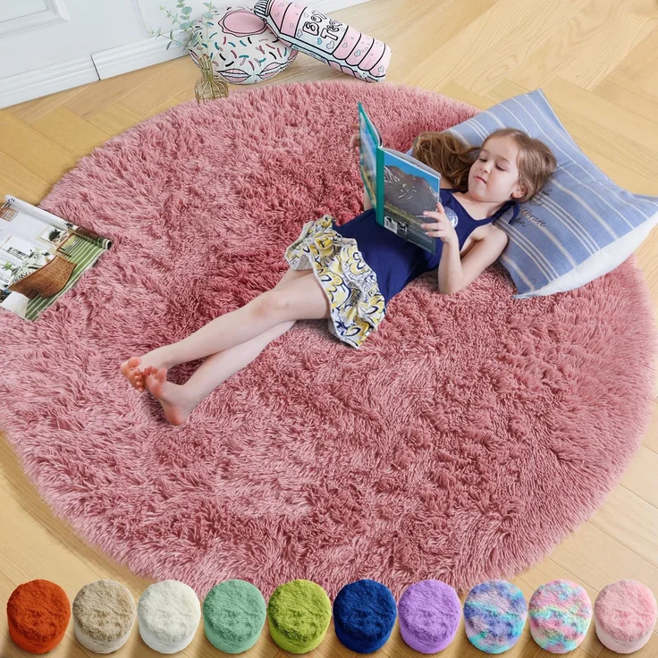 Flauschiger Runder Teppich für Schlafzimmer, Kinderzimmer, Mädchenzimmer, Schlafsaal - Pelziger Plüschteppich, Niedliche Raumdekoration für Baby, 152x152 cm