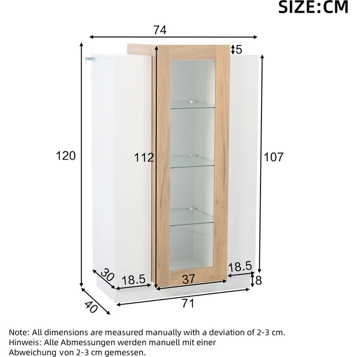 DESVIAE Vitrine mit LED-Beleuchtung und 3 Türen 74x120x40 cm Spanplatte Weiß/Natur – Bild 10