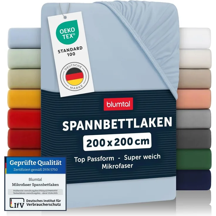 Blumtal® Spannbettlaken 200x200 cm 2er Set aus Microfaser - Oekotex zertifiziertes Bettlaken 200x200 cm - Spannbetttuch 200x200 cm/Leintuch 200x200 cm - Bettbezug 200x200 - Leintuch - Laken - Hellblau