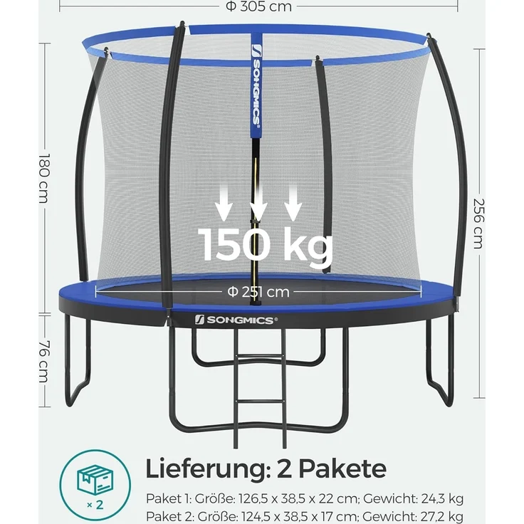 Songmics Trampolin mit Leiter, Sicherheitsnetz und gepolsterten Stangen, Stahl blau, Ø 305 cm – Bild 5