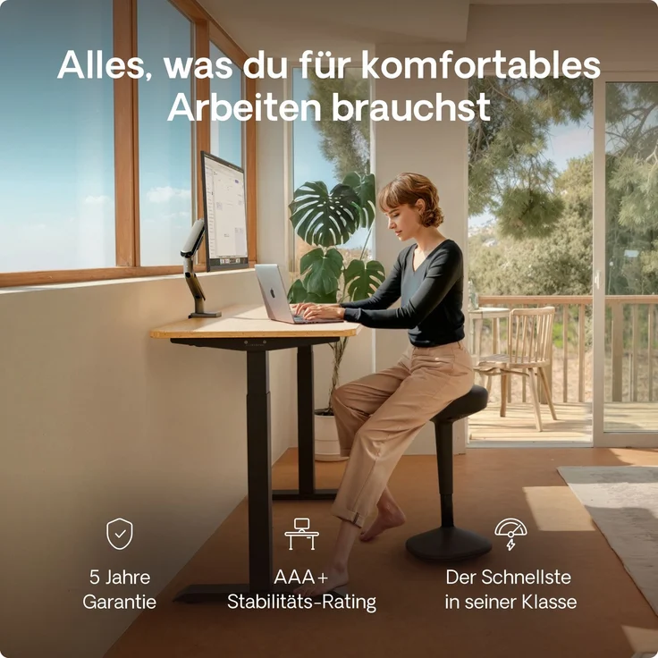 Desktronic HomeOne Elektrisch höhenverstellbarer Schreibtisch 120x60cm Bambus/Schwarz mit Memory-Funktion, Anti-Kollisions Technologie, USB-A und USB-C-Ladeanschlüssen – Bild 2