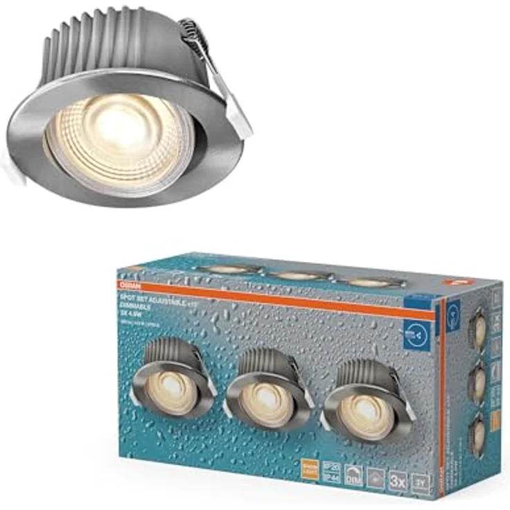 Osram Spot Set LED Einbaustrahler DIM IP44 Verstellbar Satin-Nickel, 3er Set Badezimmer dimmbar, warmweiß 2700K – Bild 1