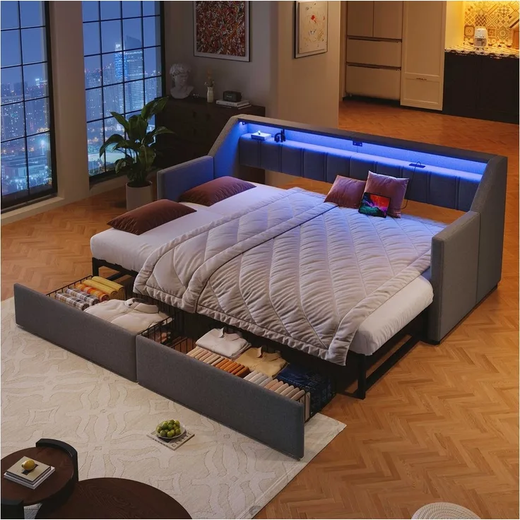 BlingBin Daybett Tagesbett Kinderbett Schlafsofa (1 tlg), ausziehbar auf 180x200cm mit 2 Schubladen & 2 Aufbewahrungsfächern