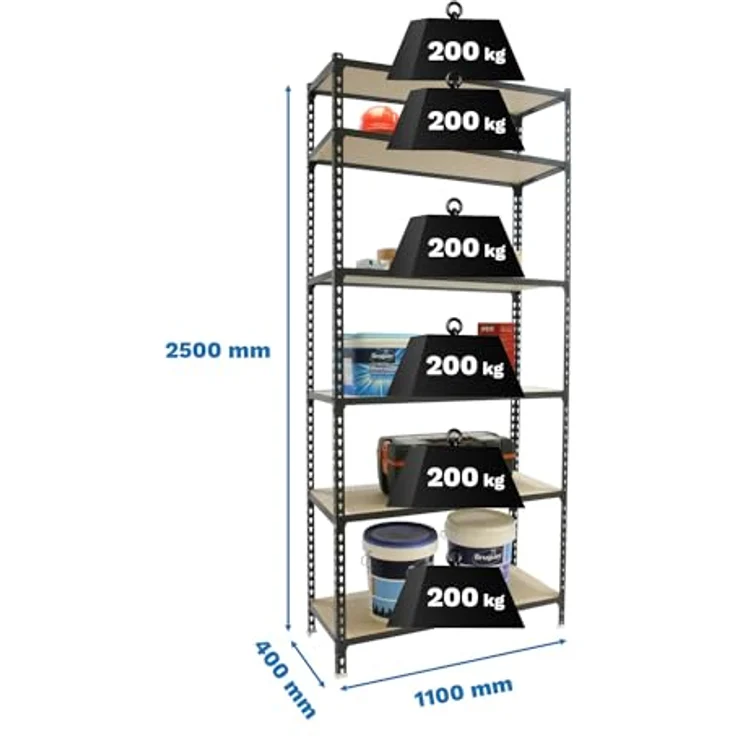 Simonrack Schwerlastregal, Lagerregal, 250 x 110 x 40 cm, Metallregal, Kellerregal, Biegestelle 200 kg, 6 Holzfachböden, Anthrazit/Holz - Maderclick – Bild 3