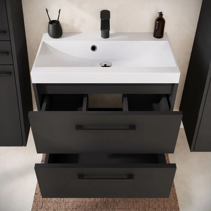 Badplaats Badmöbel Komplettset Florence XL 60 x 35 cm Schwarz Mat - Badezimmermöbel mit Waschbecken, Spiegelschrank und 2 Hochschränke – Bild 3