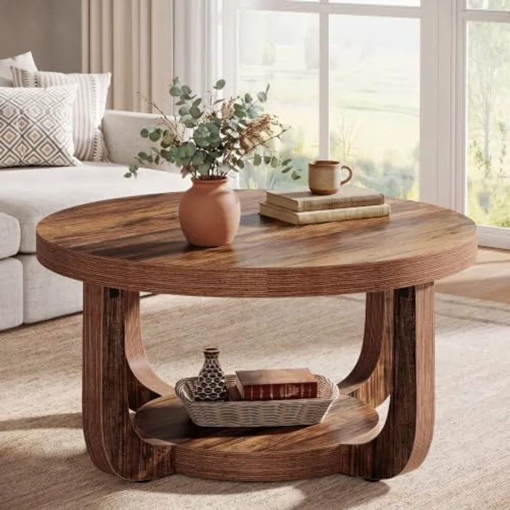 LITTLE TREE Runder Couchtisch 80 cm, 2-stöckiger Wohnzimmertisch mit Ablage | Landhausstil Kaffeetisch, Holz‑Optik Tisch für Wohnzimmer, Schlafzimmer und Lounge
