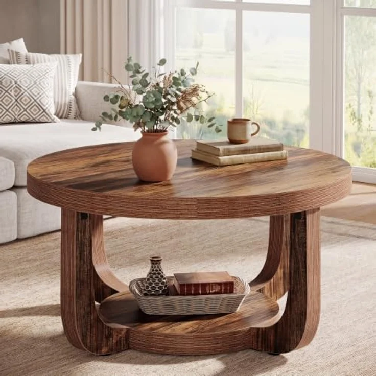 LITTLE TREE Runder Couchtisch 80 cm, 2-stöckiger Wohnzimmertisch mit Ablage | Landhausstil Kaffeetisch, Holz‑Optik Tisch für Wohnzimmer, Schlafzimmer und Lounge – Bild 1
