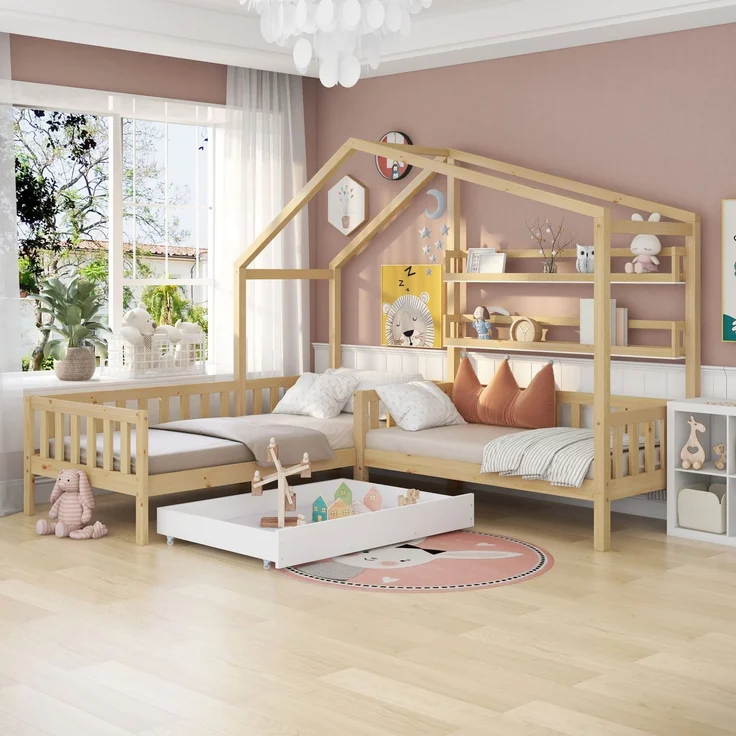 U-life Hausbett L-Form 90x200 cm und 140x70 cm, Kinderbett mit Schubladen und Regalen, Massivholz mit Sicherheitszaun und Lattenrost, Natur – Bild 1