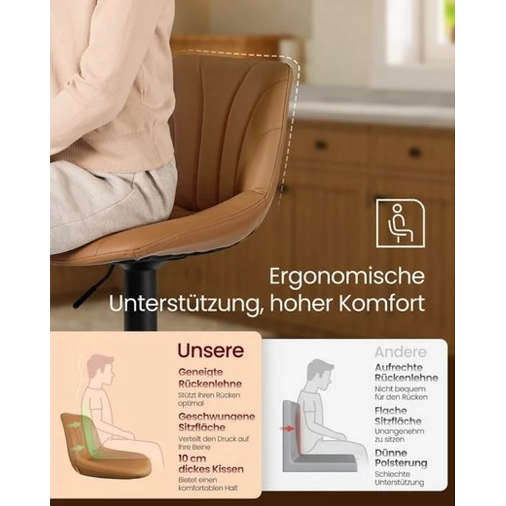 VASAGLE Barstuhl 2er Set, Küchenhocker, 88-108 cm höhenverstellbar, Barhocker, drehbar, mit Fußstütze, PU-Bezug, braun – Bild 4