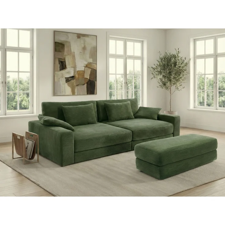 Polsterhocker 124x60 cm Federkern praktische Sitzbank Designerhocker Cord Grün – Bild 3