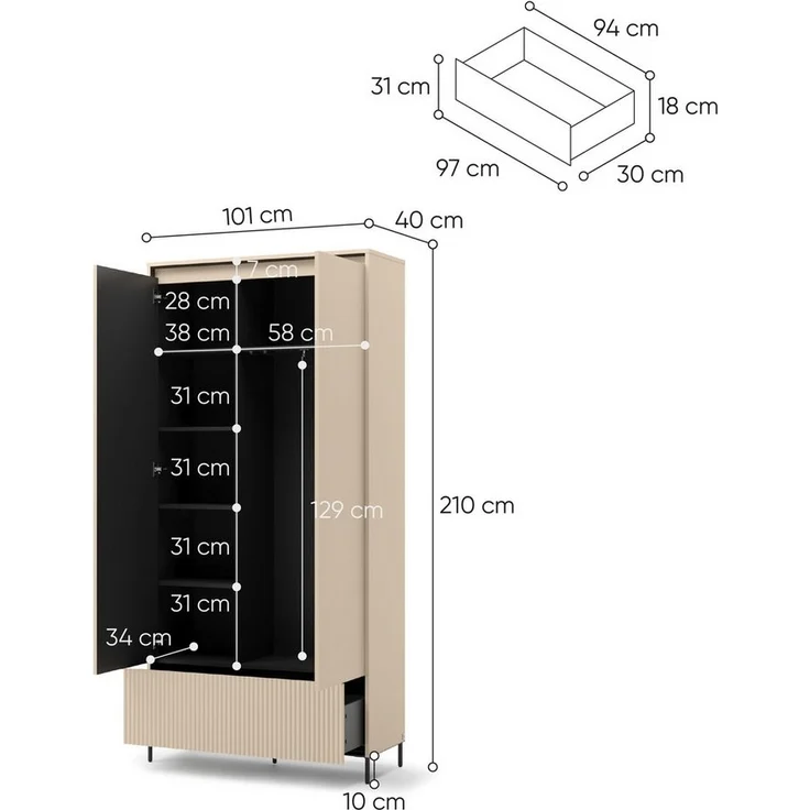 Compleo Kleiderschrank mit Schublade,2 Türen, Modern Schrank mit Lamellen BEIGE – Bild 3
