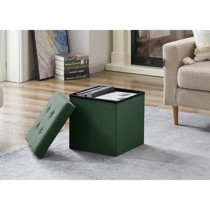 Zedelmaier Sitzhocker mit Stauraum, Fußbank Truhen Aufbewahrungsbox faltbar belastbar bis 300 kg, Leinen, 38 x 38 x 38 cm (Turkis) – Bild 3