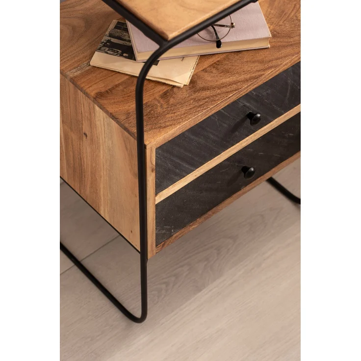 FINEBUY Nachttisch FB55691 (Akazie Massivholz Metall, 40 x 60 x 30 cm Boxspringbett), Nachtkonsole Steinoptik, Design Nachtkommode – Bild 4