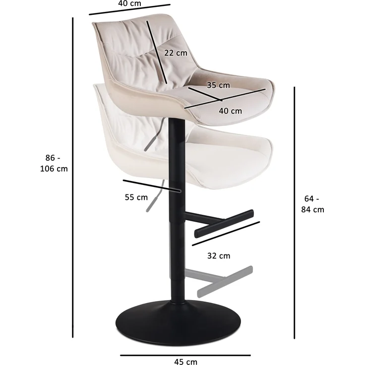Barhocker Samt Beige mit Lehne höhenverstellbar 86-106cm Metallfuß gepolstert – Bild 4