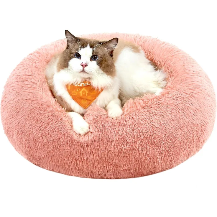 Feandrea Hundebett flauschig, Katzenbett, Donut Kissen, waschbar, Polsterung in der Mitte herausnehmbar, Langer Plüsch, 50 cm Durchmesser, rosa PGW037R01
