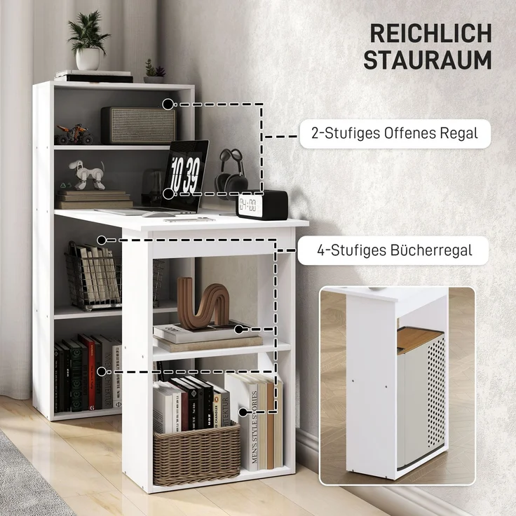 Schreibtisch Küchentisch mit Regal 120x55cm Computertisch Laptoptisch Arbeitstisch in Weiß für Büro & Home Office--Weiß--120x55x120cm--YOUDENOVA – Bild 5