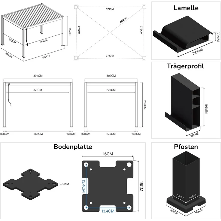 Weide Deluxe | Pergola Voll Aluminium freistehend | 3 x 4 M | Lamellendach weiß – Bild 9