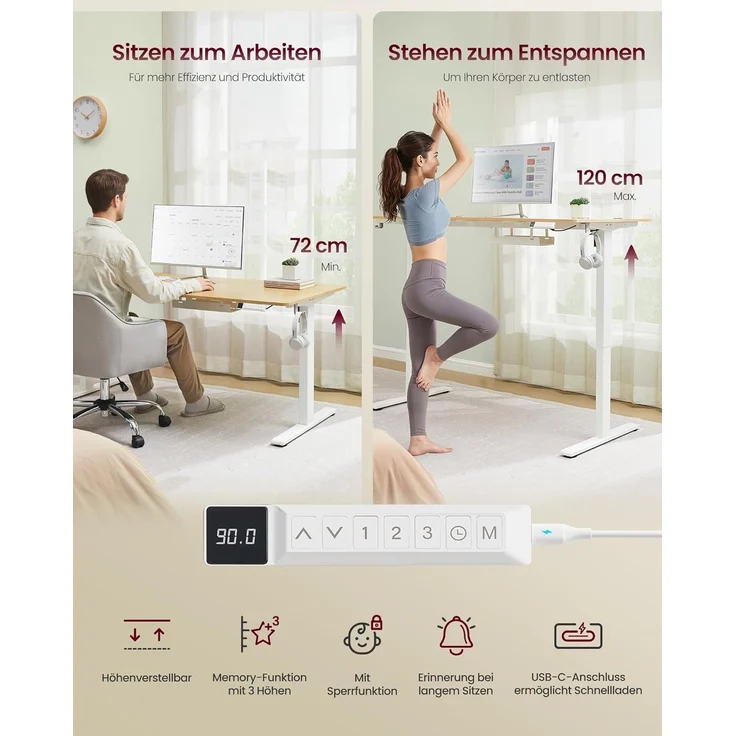 VASAGLE Höhenverstellbarer Schreibtisch, 140x80 cm, USB-C-Anschluss, Ablage für Steckdosenleiste, Stehtisch, Erinnerung bei langem Sitzen, 3 Speichertasten, für Büro, goldeichenfarben LSD144YA02 – Bild 6