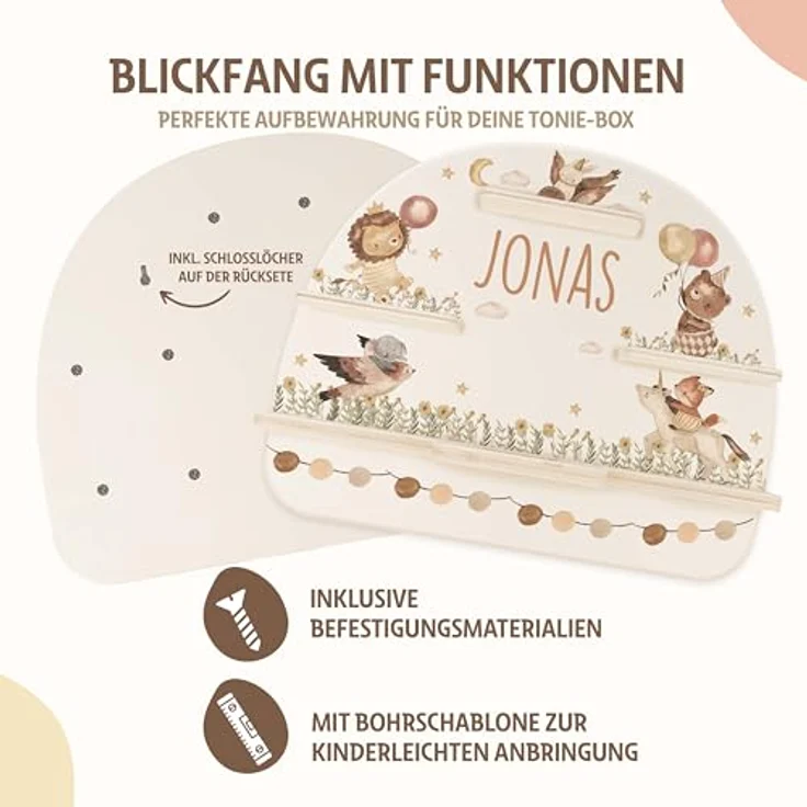 Kidsmood - Tonie Regal für Kinderzimmer, personalisiert mit deinem Namen - magnetisches Wandregal für Tonie Hör-Figuren & Tonie-Box - Tiere-Luftballon – Bild 5