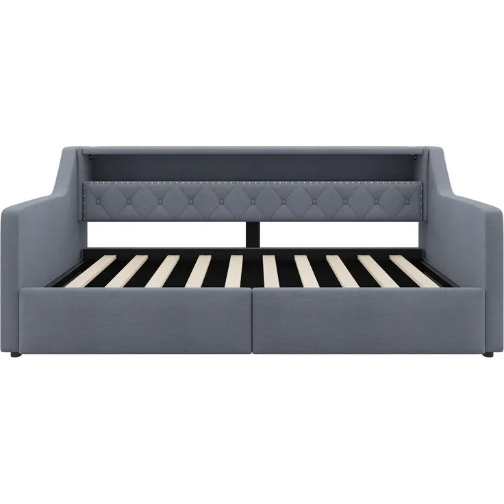 Schlafsofa mit LED-Beleuchtung und Aufbewahrung, Polsterbett mit Lattenrost, 90x200 cm, Einzelbett, Jugendbett, Leinen – Bild 7