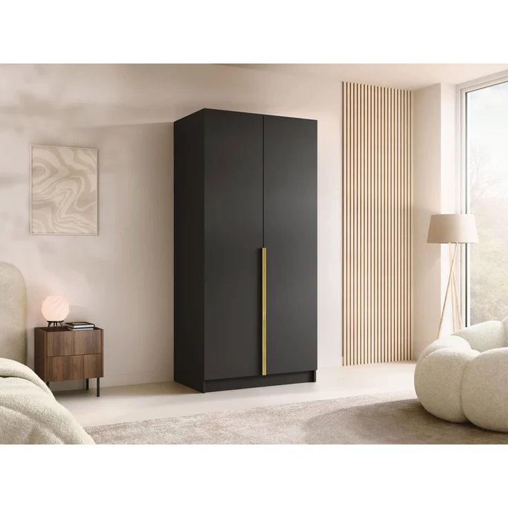 Drehtürenschrank Borton I, Kleiderschrank mit 2 Türen (Farbe: Schwarz / Schwarz + Gold) – Bild 2