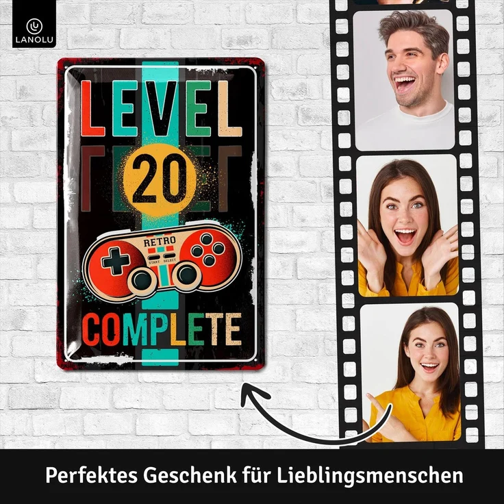 LANOLU Blechschild Retro Gaming Controller lvl. 20 - 20x30cm – Metall – Mehrfarbig – 20198 – Bild 3