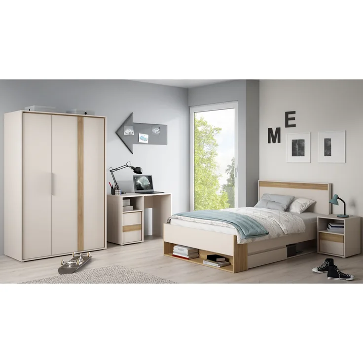 Jugendzimmer Wexlin in Mauvella Eiche und Sand Kinderzimmer Komplett Set mit Lamellenoptik - Verschiedene Set Varianten - 4 teilig , Drehtürenkleiderschrank + Jugendbett + Schreibtisch + Nachttisch