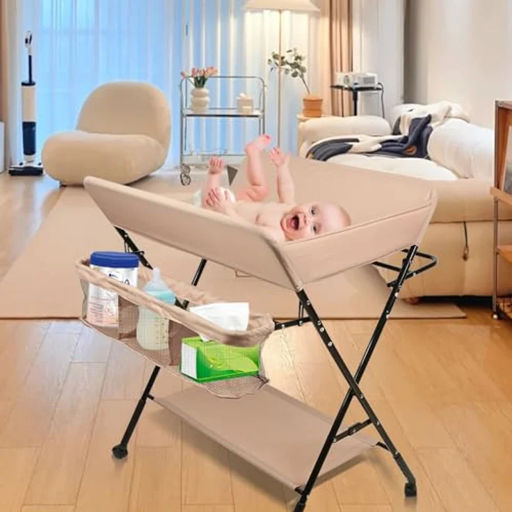 Baby Wickelkombi - klappbare Wickelkommode, mobiler Wickeltisch mit Wickelauflage, Sicherheitsgurt und Ablagefächern, platzsparend & stabil 80 * 66 * 98cm (Hell-Pink) – Bild 9