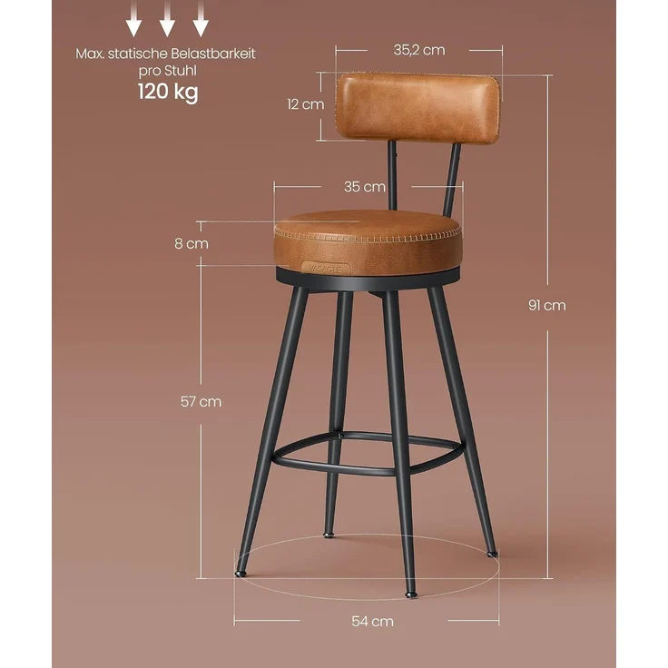 VASAGLE EKHO Kollektion - 360° drehbarer Barhocker, 2er Set, Hocker mit Rückenlehne für Kücheninsel, Kunstleder mit Nähten, Mid-Century-Modern-Stil, 65 cm hoch, Küche, Hausbar, karamellbraun – Bild 3