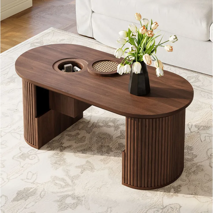 Ovaler Couchtisch aus MDF mit Ablagefächern, 105x50x46,5 cm, Walnuss