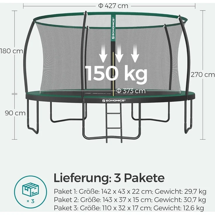 Songmics Trampolin mit Leiter, Sicherheitsnetz und gepolsterten Stangen, Stahl dunkelgrün, Ø 427 cm – Bild 7