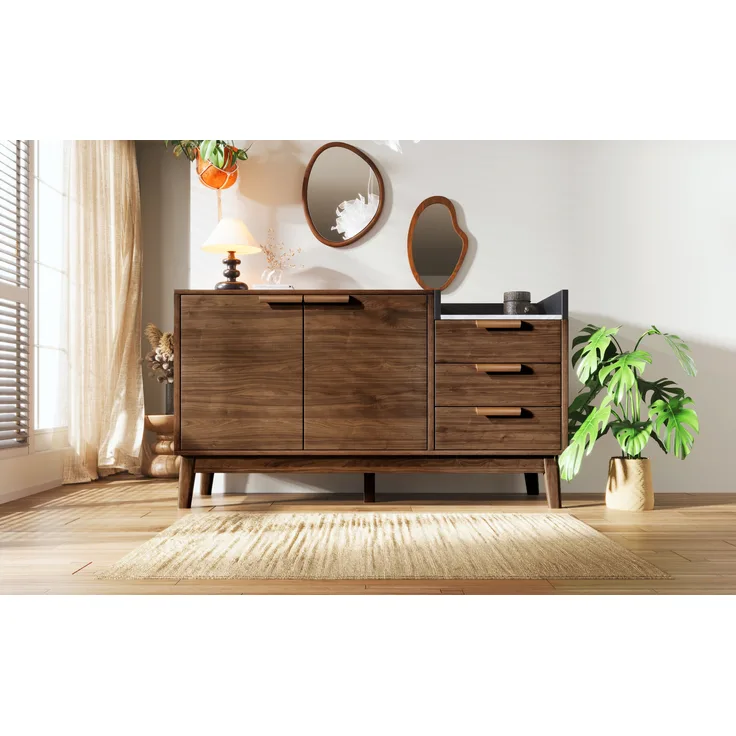 Sideboard in Eiche mit Marmorplatte & Massivholzbeinen, 120x40x77 cm, Eiche