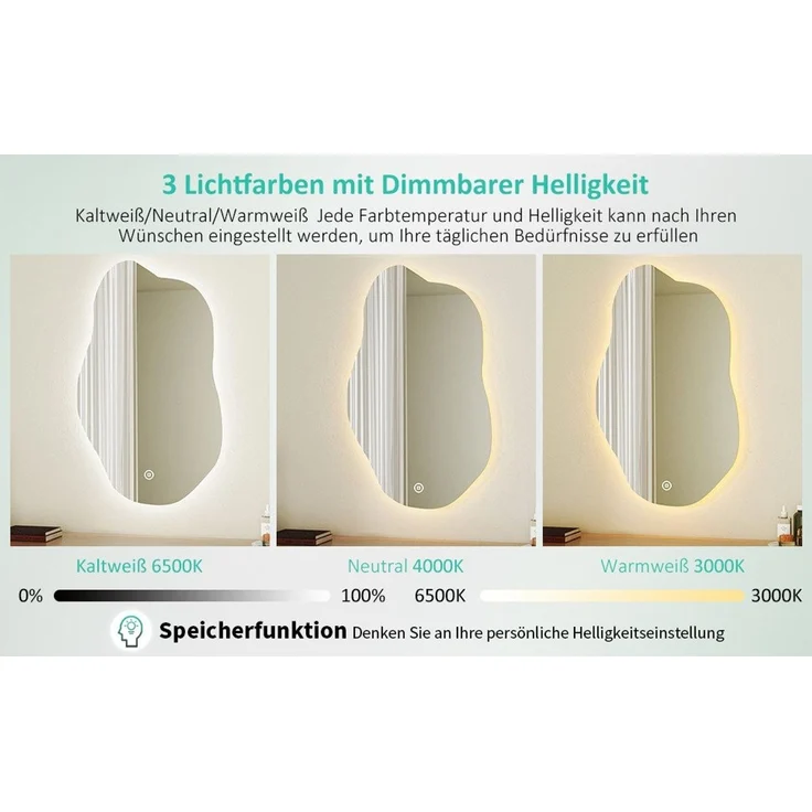 WDWRITTI Schminkspiegel mit beleuchtung wandmontage Spiegel mit beleuchtung für schminktisch (LED Spiegel Wandspiegel Asymmetrisch, Wolke, 62x90 cm, 52x85 cm), 3Lichtfarben, Dimmbar, Speicherfunktion – Bild 3