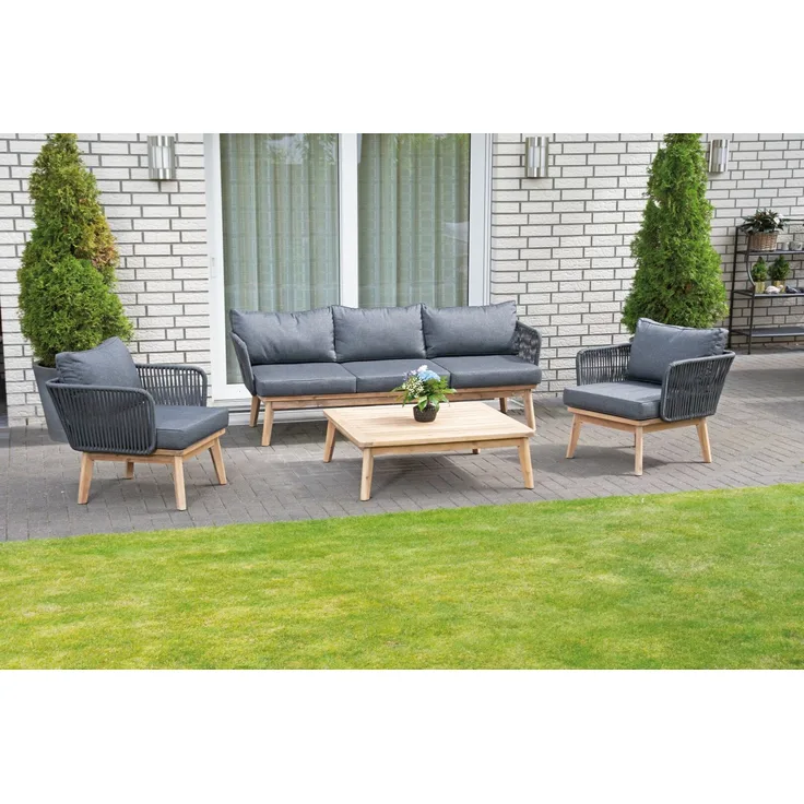 SunnySmart Lounge-Dining-Gruppe Bridgeport Alu/Akazienholz/Polyrope dunkelgrau inkl. Kissen (2 Sesse