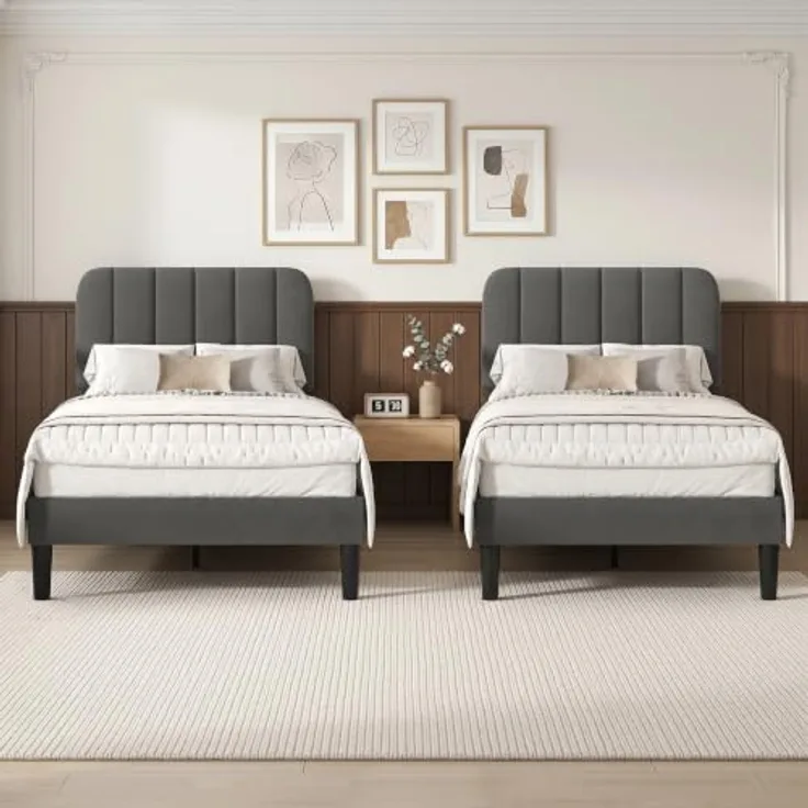 VECELO 2er-Set Polsterbett 90x200 cm – Samtbezug, Einzelbett Bettgestell mit Lattenrost aus Massivholz, Einfache Montage, Ideal für Jugendzimmer, Grau