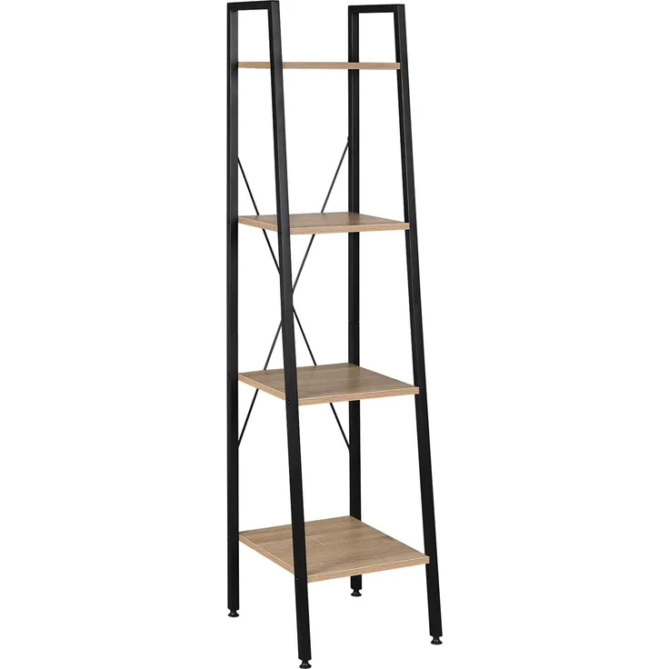 Standregal aus Metall & Holz mit 4 Ablagen, Modell Ani schwarz-eiche hell