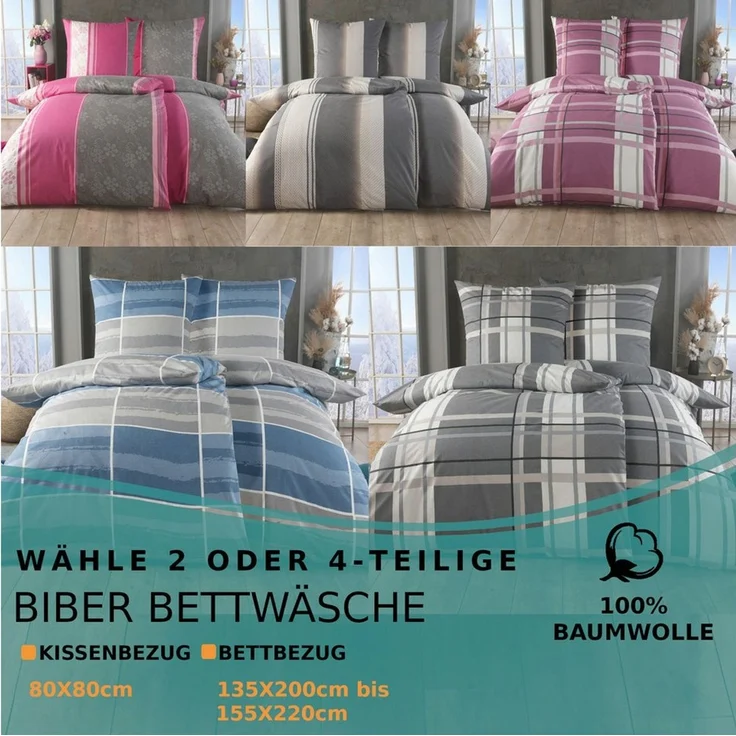 Malika Bettwäsche aus 100 % Baumwolle, 135x200 + 80x80 cm, Blau-Grau, Kariert, Baumwolle, 2 teilig, Für Allergiker geeignet, pflegeleicht, angenehm weicher Stoff – Bild 2