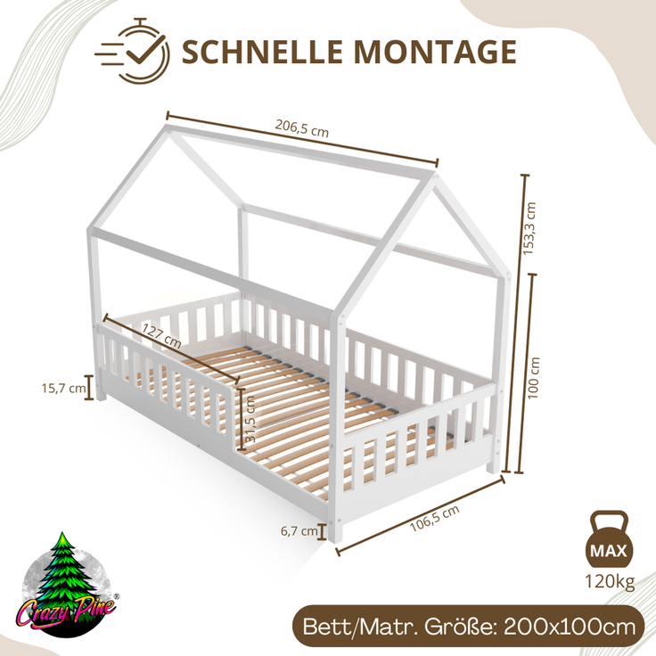 Crazy Pine 'Crazy Blanco' Hausbett mit Rausfallschutz, Skandinavisches Design, Naturholz, Weiß, 100x200 cm, mit Höhenverstellbaren Beinen – Bild 2
