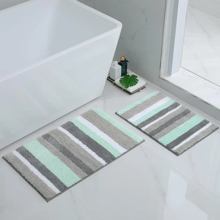 Homaxy rutschfest Badematten Set 2 teilig Mikrofaser Saugfähige Badteppich Set Weich Hochflor Badvorleger Set –40x60 cm + 50x80 cm, Grün/Grau
