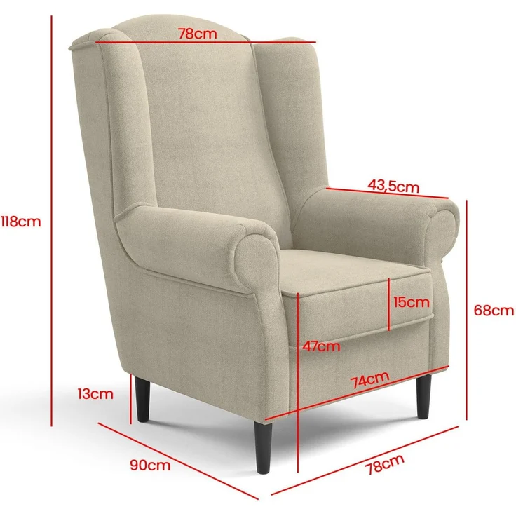 Sessel BAROS Ohrensessel, Armlehnen und ergonomische Rückenlehne, für Wohnzimmer hohe Rückenlehne Bonellfedern, schwarze Holzfüße - Stoff Alfa 14, 107 x 52 x 78 cm – Bild 7