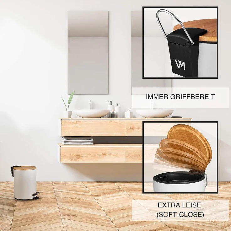 VMbathrooms 3L Kosmetikeimer in edlem weißem Design | Tretmülleimer mit Absenkautomatik (Soft Close) | Eleganter Eimer fürs Bad mit Innenbehälter und Bambus-Holzdeckel – Bild 4