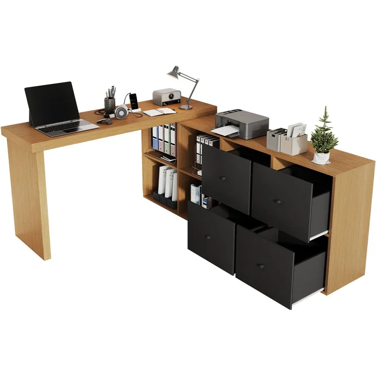 Schreibtisch 120 x 48 x 78 cm mit 360° drehbarer Tischplatte, Sideboard 140 x 35 x 74 cm und 4 Schubladen – Bild 6