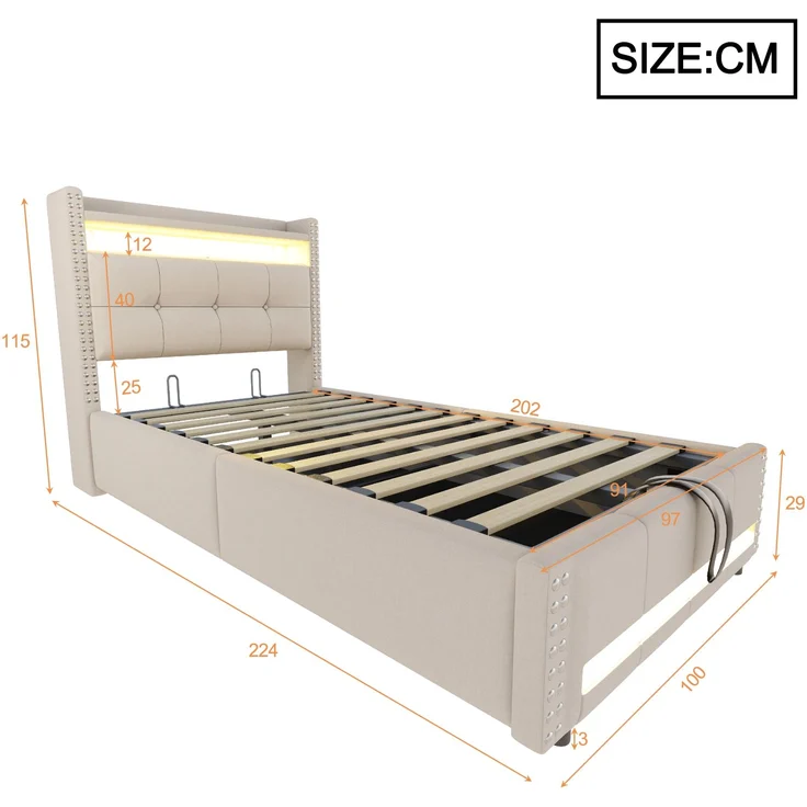 EINHOM Polsterbett Kinderbett 90 x 200 cm mit LED-Beleuchtung und USB-Steckdose, Kopfteil mit Einlegeböden und Stauraum, mit Hydraulik für die Lagerung, Einzelbett, Leinenstoff Beige, (Ohne Matratze) – Bild 2
